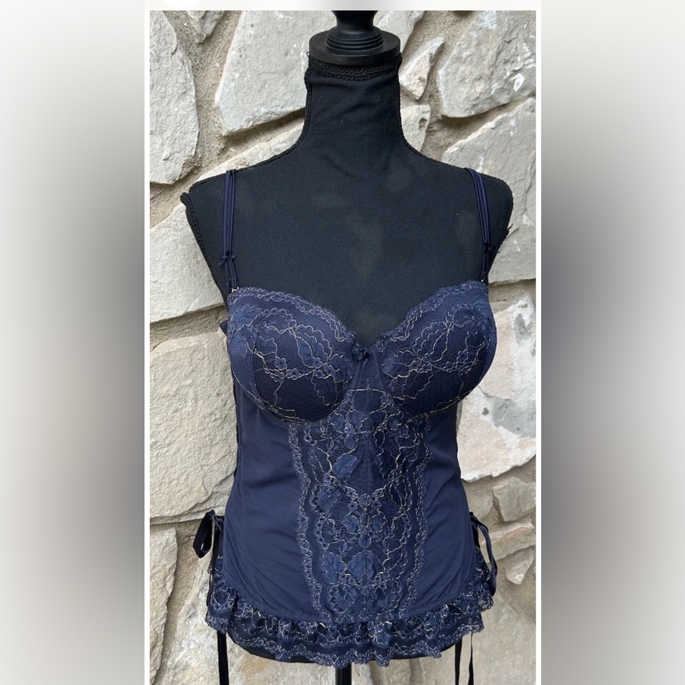 Blush BUSTIER BRA Top XL Navy Blue Mesh Lace Gold‎ Accents Lace Up Sides EC